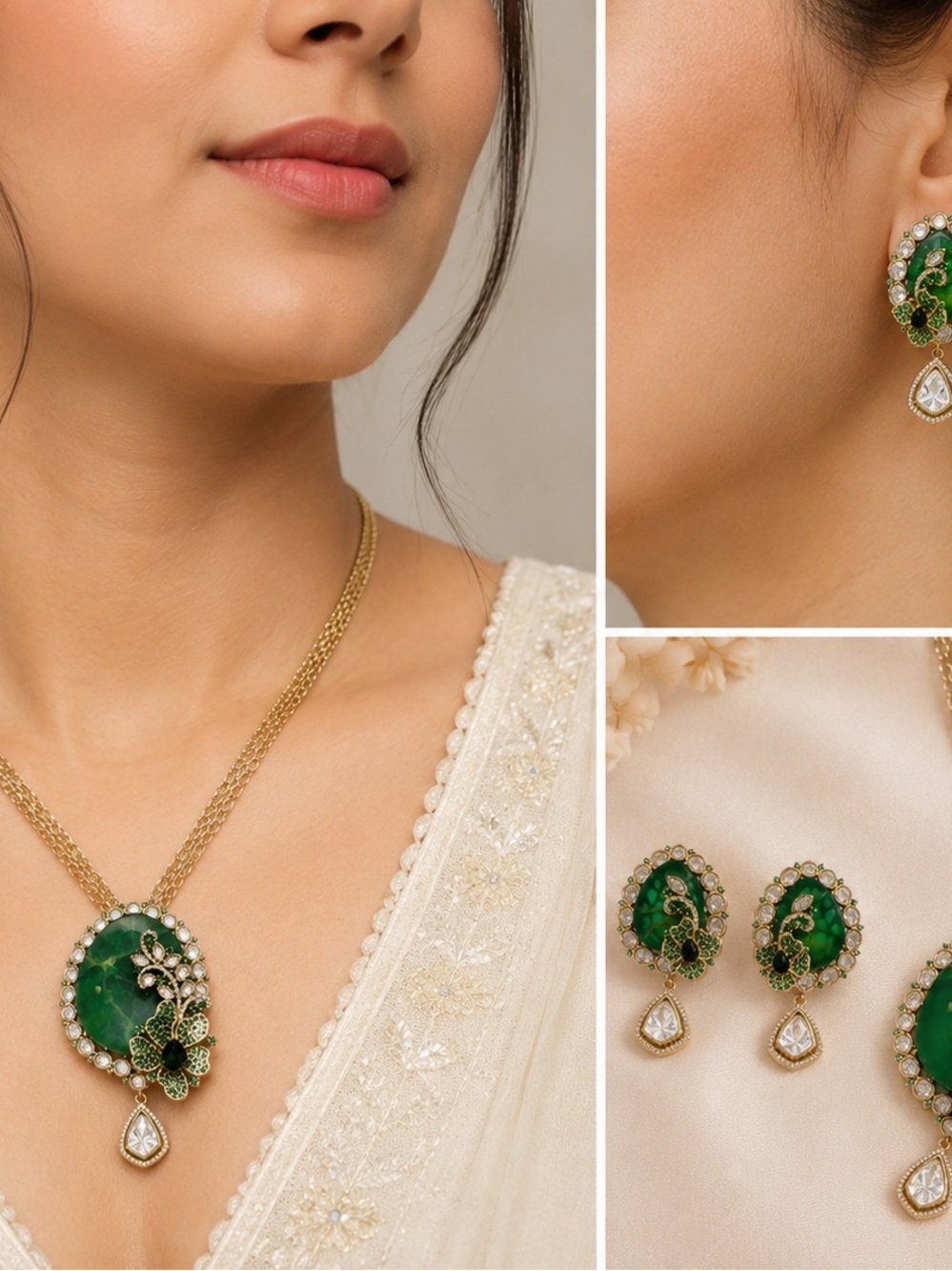 Gold-Tone Necklace and Earring Set with Emerald Green Stones